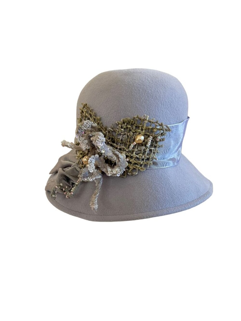 Louise Green Gray Wool Cloche Hat With Green Embellished Bow & Sequins